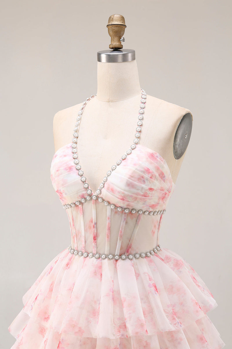Load image into Gallery viewer, Candy Pink Tiered Beaded A Line Long Corset Prom Dress