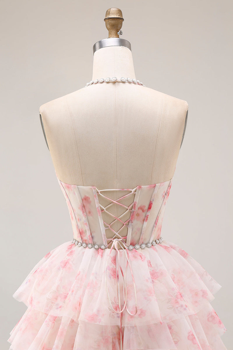 Load image into Gallery viewer, Candy Pink Tiered Beaded A Line Long Corset Prom Dress