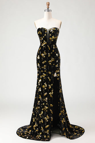 Sparkly Floral Black and Golden Mermaid Long Prom Dress with Slit