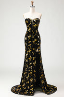 Load image into Gallery viewer, Sparkly Floral Black and Golden Mermaid Long Prom Dress with Slit