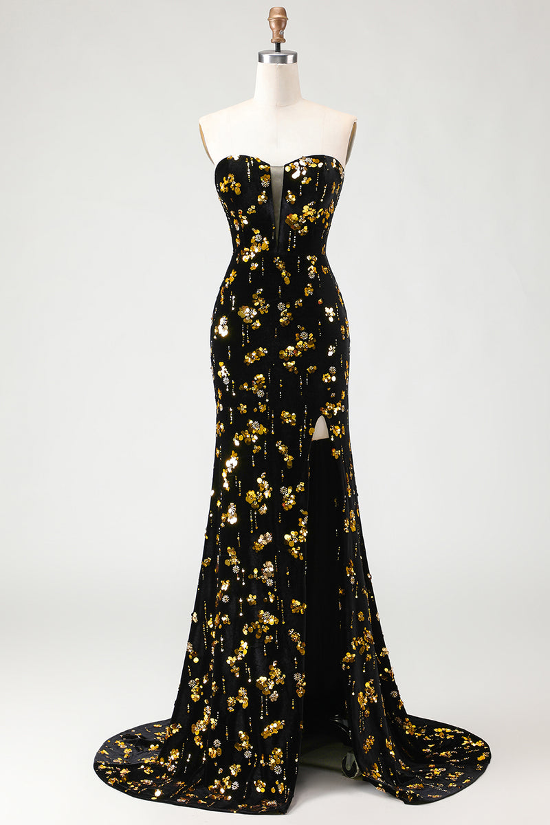 Load image into Gallery viewer, Sparkly Floral Black and Golden Mermaid Long Prom Dress with Slit