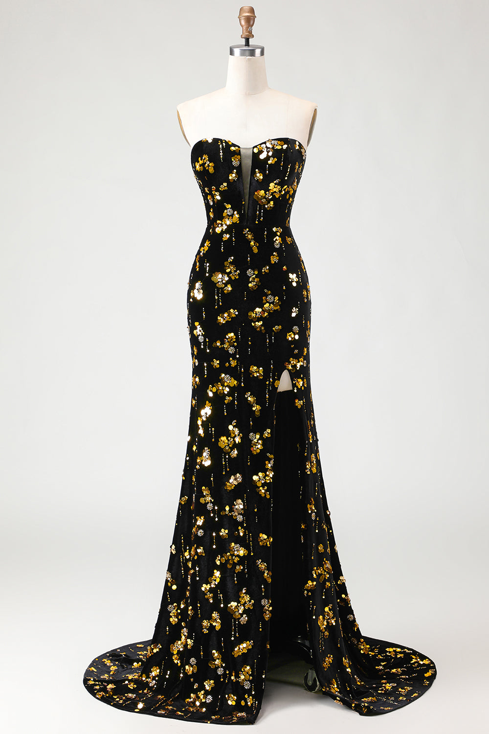 Sparkly Floral Black and Golden Mermaid Long Prom Dress with Slit