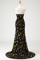 Load image into Gallery viewer, Sparkly Floral Black and Golden Mermaid Long Prom Dress with Slit