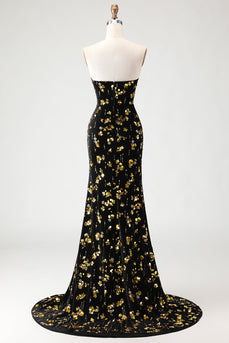 Sparkly Floral Black and Golden Mermaid Long Prom Dress with Slit