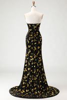 Load image into Gallery viewer, Sparkly Floral Black and Golden Mermaid Long Prom Dress with Slit