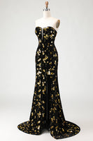Load image into Gallery viewer, Sparkly Floral Black and Golden Mermaid Long Prom Dress with Slit