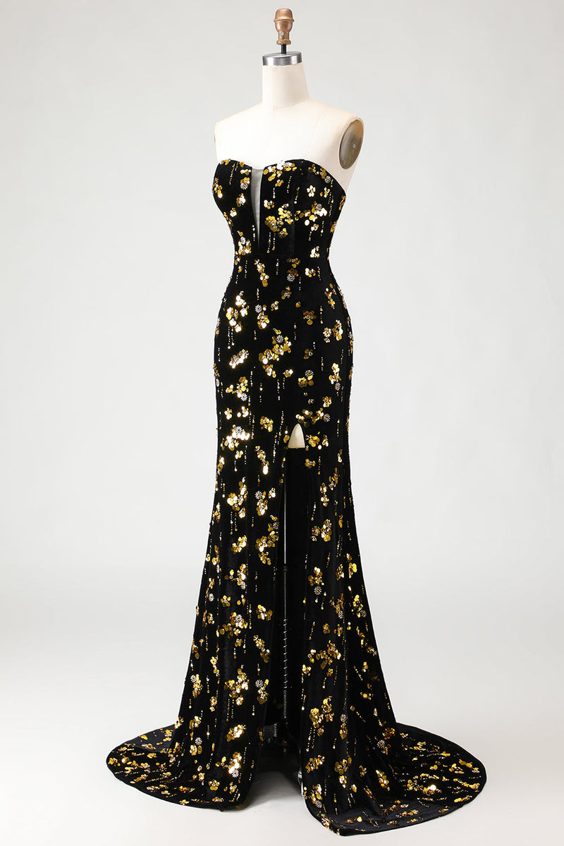 Load image into Gallery viewer, Sparkly Floral Black and Golden Mermaid Long Prom Dress with Slit