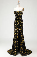 Load image into Gallery viewer, Sparkly Floral Black and Golden Mermaid Long Prom Dress with Slit