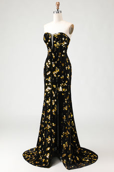 Sparkly Floral Black and Golden Mermaid Long Prom Dress with Slit