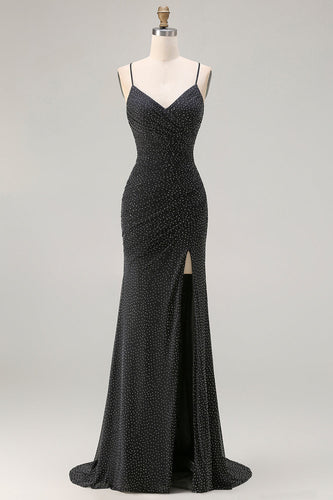 Black Polka Dots Criss Cross Back Mermaid Long Prom Dress with Slit