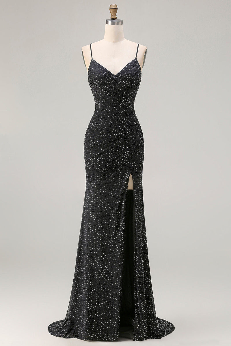 Load image into Gallery viewer, Black Polka Dots Criss Cross Back Mermaid Long Prom Dress with Slit