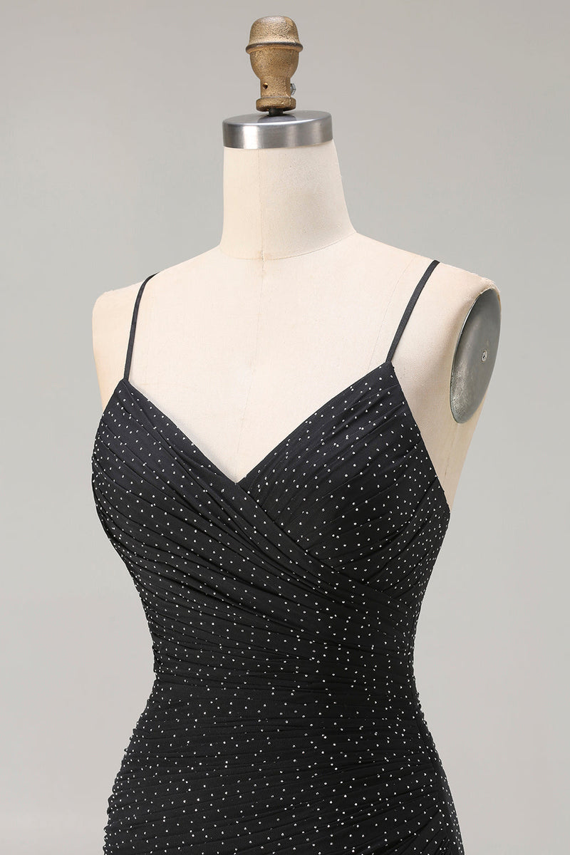 Load image into Gallery viewer, Black Polka Dots Criss Cross Back Mermaid Long Prom Dress with Slit