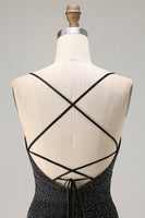 Load image into Gallery viewer, Black Polka Dots Criss Cross Back Mermaid Long Prom Dress with Slit