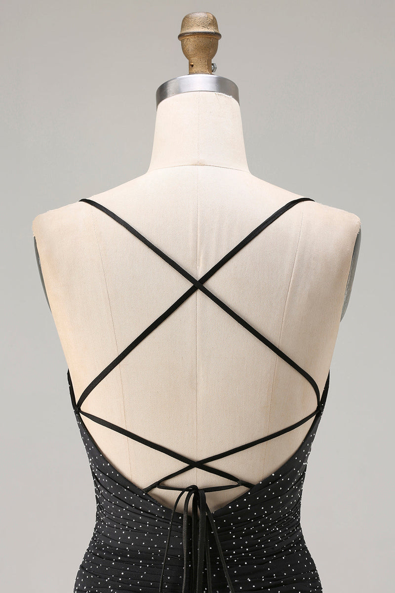 Load image into Gallery viewer, Black Polka Dots Criss Cross Back Mermaid Long Prom Dress with Slit