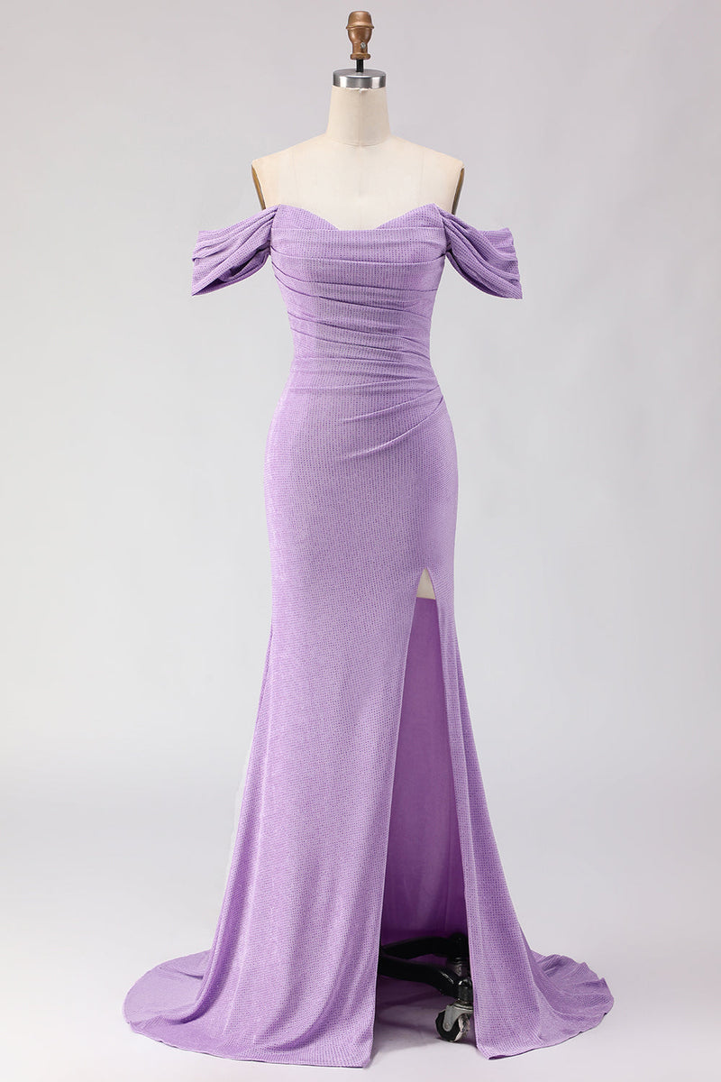 Load image into Gallery viewer, Purple Off the Shoulder Mermaid Long Prom Dress with Slit