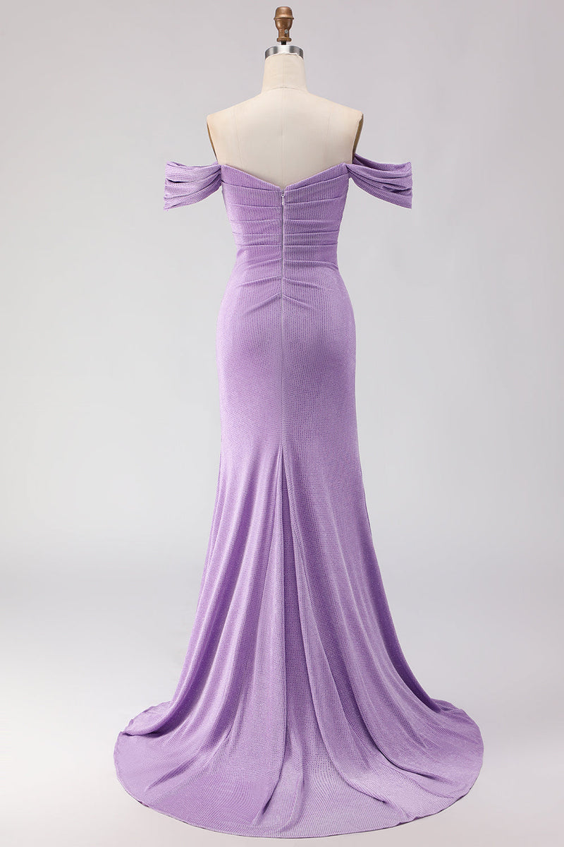 Load image into Gallery viewer, Purple Off the Shoulder Mermaid Long Prom Dress with Slit
