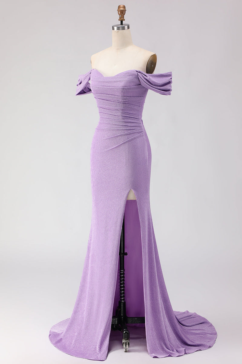 Load image into Gallery viewer, Purple Off the Shoulder Mermaid Long Prom Dress with Slit