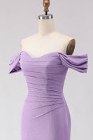 Load image into Gallery viewer, Purple Off the Shoulder Mermaid Long Prom Dress with Slit
