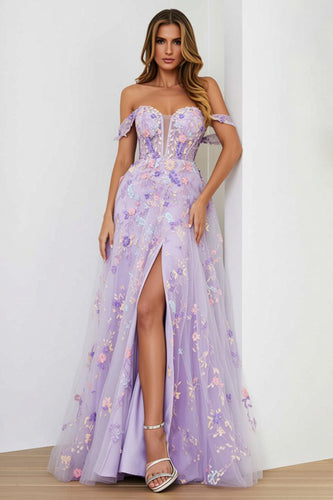 Lilac Embroidered A Line Floral Long Corset Prom Dress with Slit