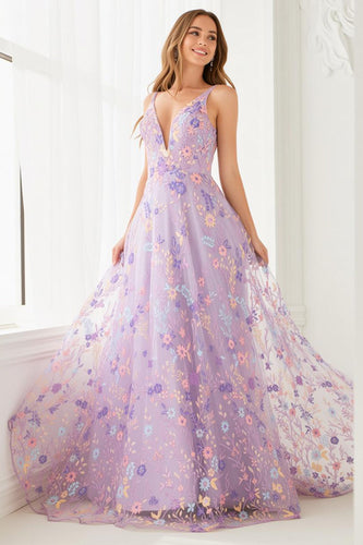 Lilac A Line Embroidered Floral V-Neck Long Prom Dress