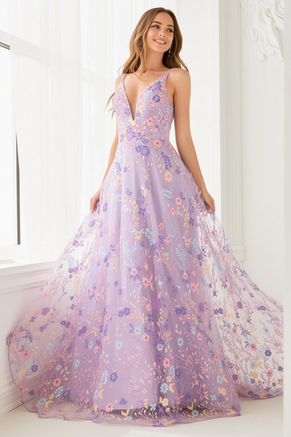 Lilac A Line Embroidered Floral V-Neck Long Prom Dress