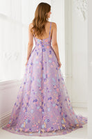 Load image into Gallery viewer, Lilac A Line Embroidered Floral V-Neck Long Prom Dress