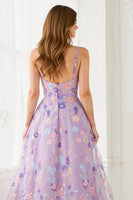 Load image into Gallery viewer, Lilac A Line Embroidered Floral V-Neck Long Prom Dress