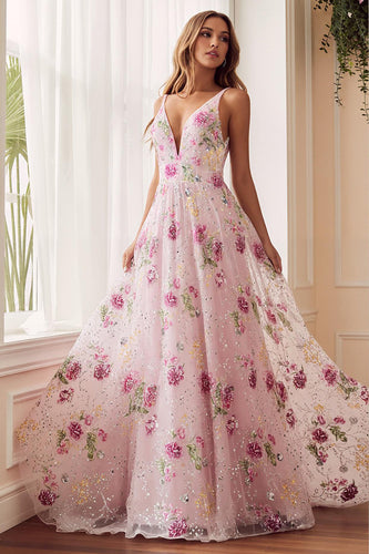 Sparkly Pink Floral A Line Embroidered V-Neck Long Prom Dress