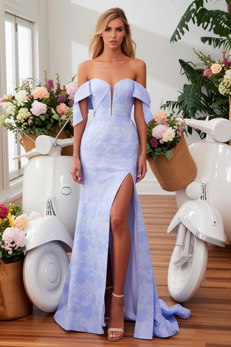 Blue Mermaid Jacquard Maxi Floral Prom Dress with Slit
