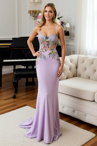 Lilac Floral Spaghetti Straps Mermaid Long Prom Dress