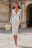 Load image into Gallery viewer, Ivory Lace Bodycon Midi Wedding Dress with Sleeves
