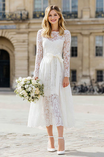Ivory A Line Lace Long Wedding Dress with Sleeves
