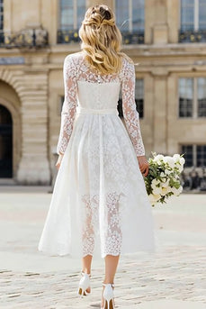 Ivory A Line Lace Long Wedding Dress with Sleeves