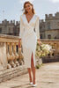 Load image into Gallery viewer, Ivory V-Neck Ruched Bodycon Midi Engagement Dress with Slit