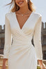 Load image into Gallery viewer, Ivory V-Neck Ruched Bodycon Midi Engagement Dress with Slit