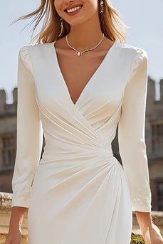 Ivory V-Neck Ruched Bodycon Midi Engagement Dress with Slit