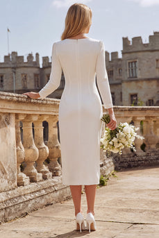 Ivory V-Neck Ruched Bodycon Midi Engagement Dress with Slit