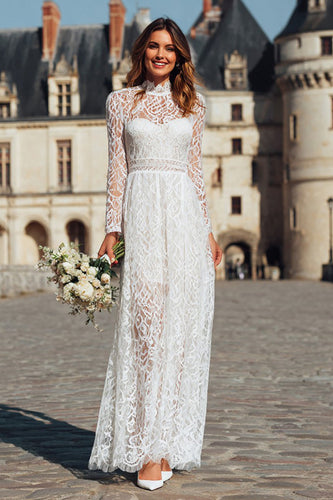 Ivory High Neck Sheath Long Boho Wedding Dress with Sleeves