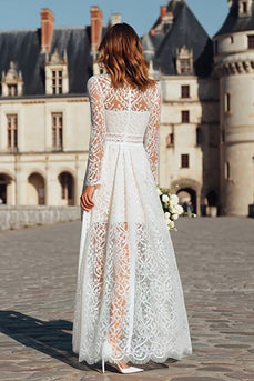 Ivory High Neck Sheath Long Boho Wedding Dress with Sleeves