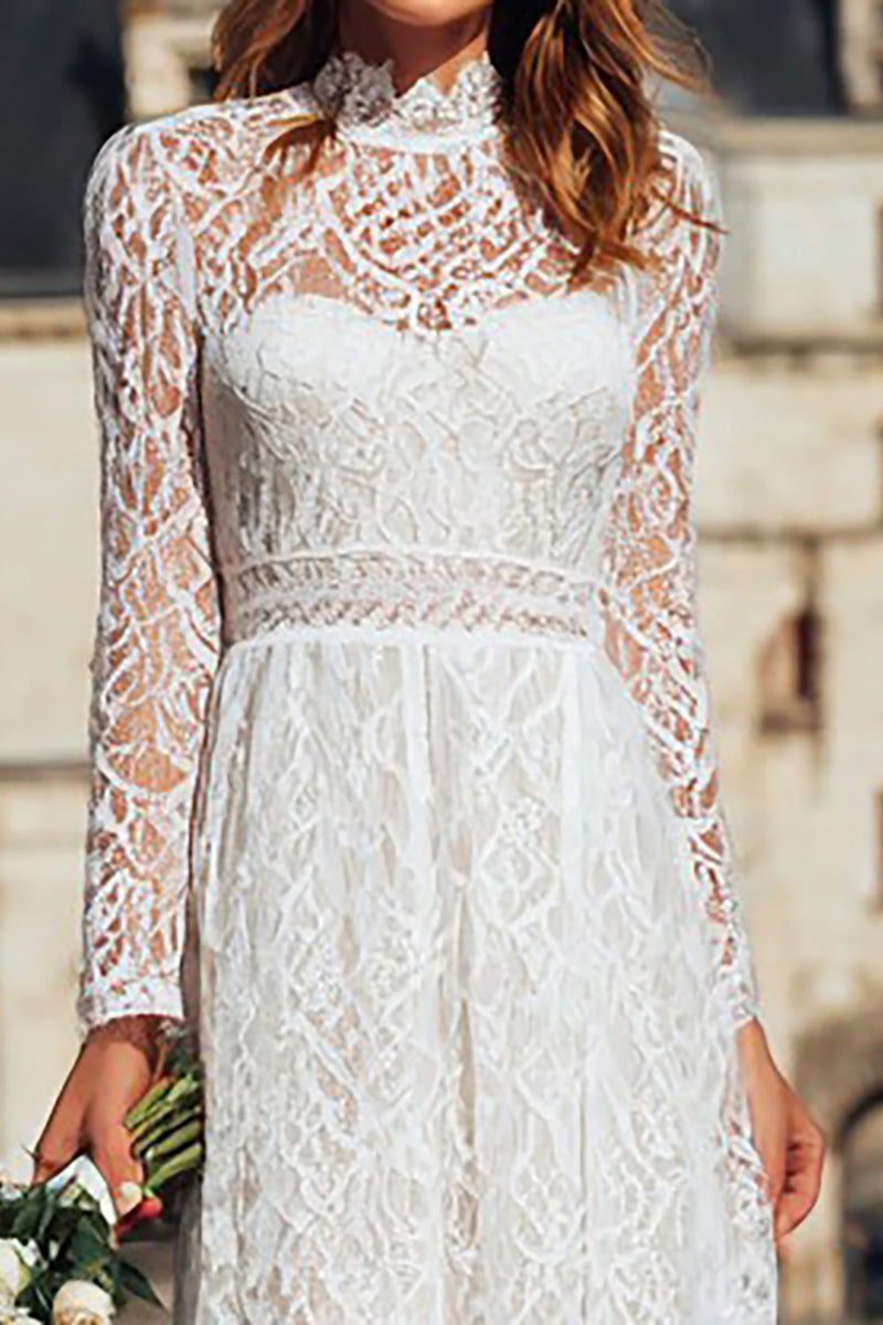 Load image into Gallery viewer, Ivory High Neck Sheath Long Boho Wedding Dress with Sleeves