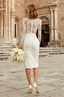 Load image into Gallery viewer, Ivory Bodycon Bateau Neck Midi Wedding Dress with Sleeves