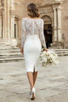 Load image into Gallery viewer, Ivory Bodycon Bateau Neck Midi Wedding Dress with Sleeves