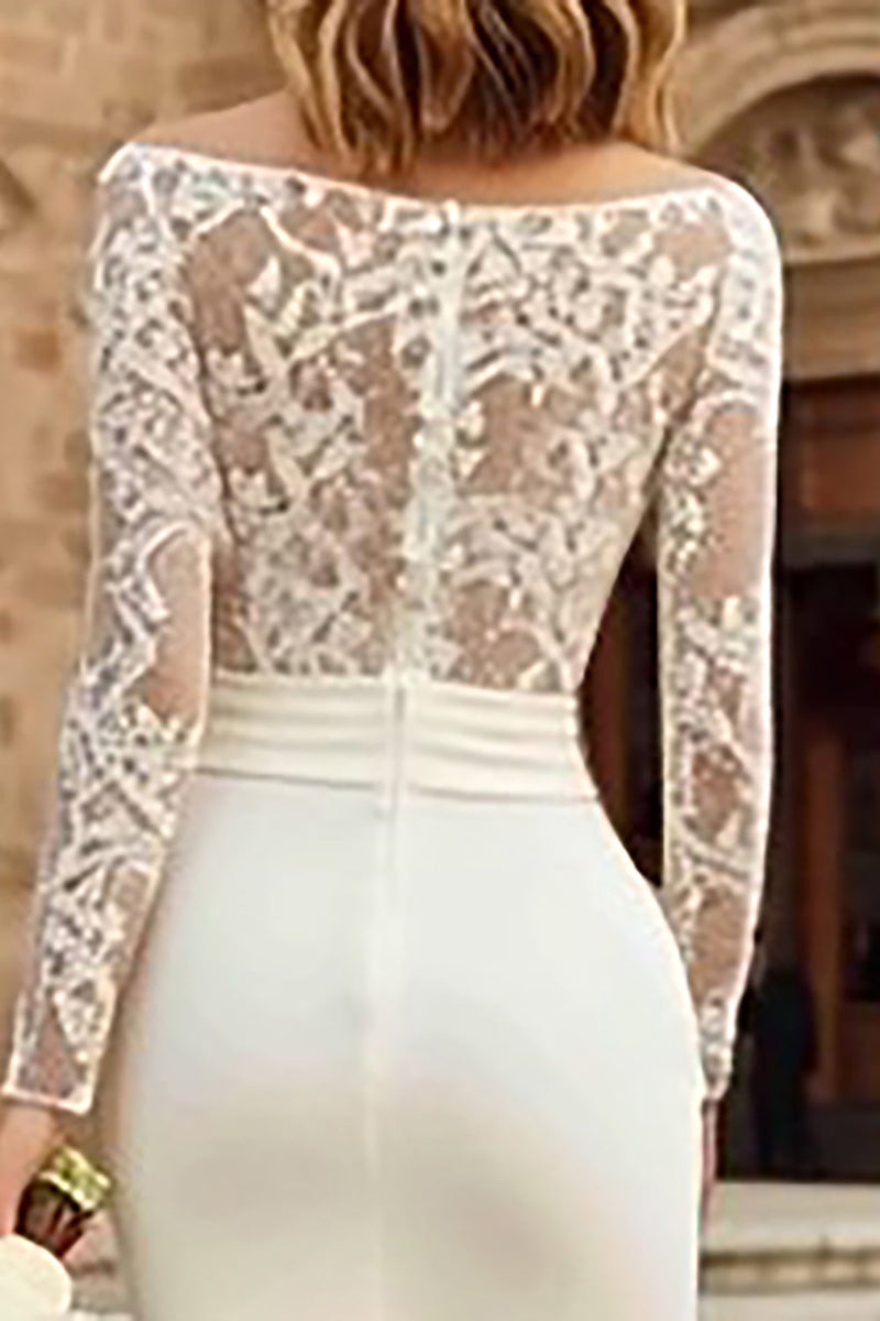Load image into Gallery viewer, Ivory Bodycon Bateau Neck Midi Wedding Dress with Sleeves
