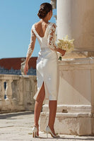 Load image into Gallery viewer, Ivory Appliqued Bodycon Midi Wedding Dress with Sleeves