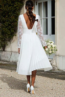 Load image into Gallery viewer, Ivory V-Neck Pleated Midi Engagement Dress with Lace