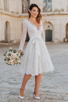 Load image into Gallery viewer, Ivory A Line Lace Midi Boho Wedding Dress with Sleeves