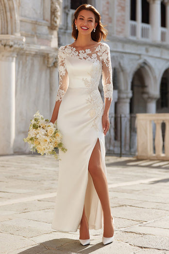Ivory Appliqued Sheath Long Wedding Dress with Slit