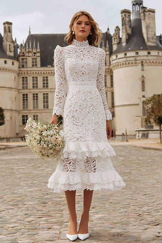 Ivory Ruffled High Neck Lace Midi Engagement Dress with Sleeves