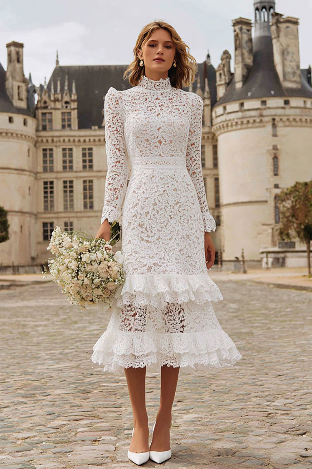 Ivory Ruffled High Neck Lace Midi Engagement Dress with Sleeves