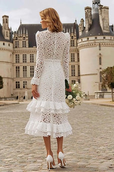 Ivory Ruffled High Neck Lace Midi Engagement Dress with Sleeves